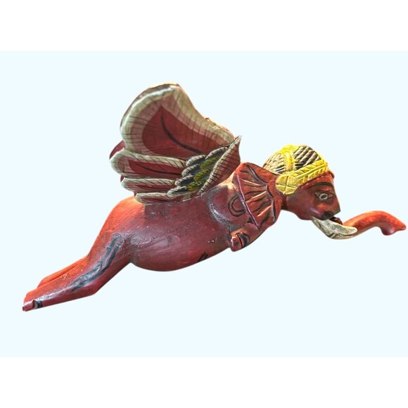 Hand-Carved Vintage Flying Elephant Figurine With Painted Wings & Trunk Detail - Picture 2 of 16